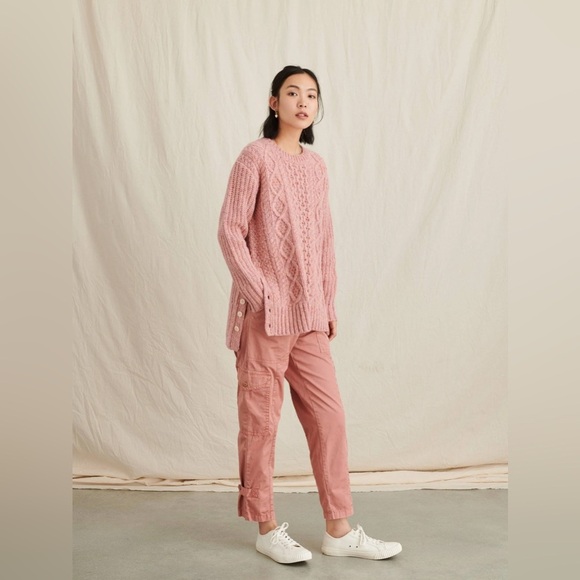 Alex Mill Button Side Aran Cable Knit Merino Wool Sweater in Dried Rose - Picture 14 of 14